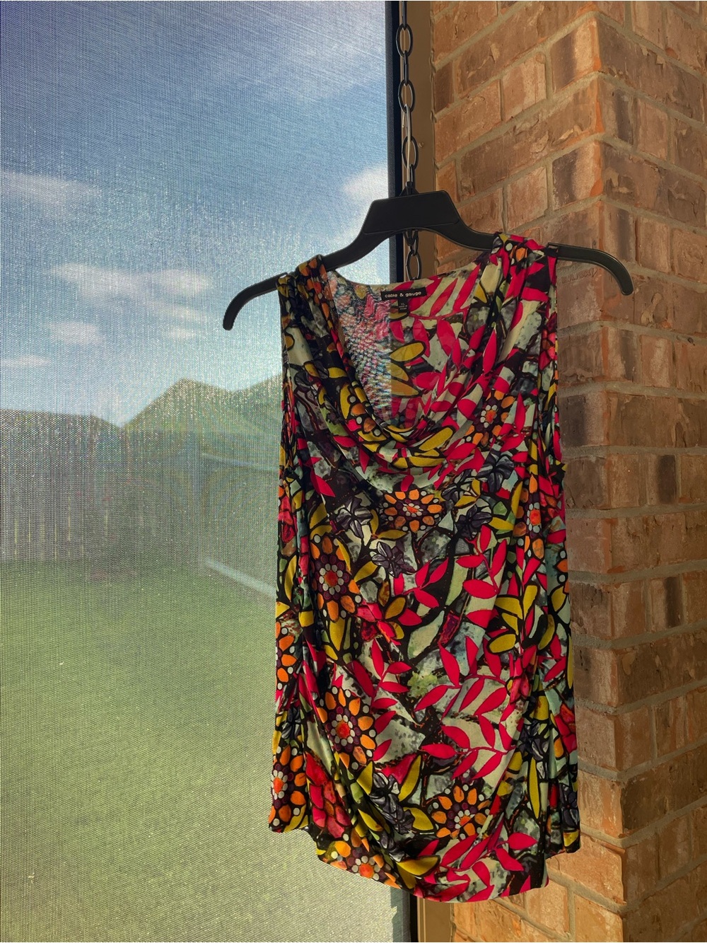 Cable & Gauge Floral Cowl Neck Sleeveless XL tunic Pink, Yellow navy geo print